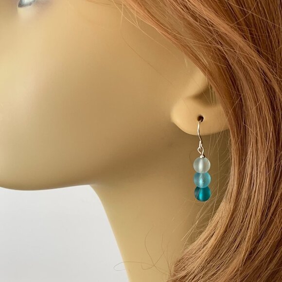 Sea Glass Earrings Blue Sterling Silver Hypoallergenic Wires Gifts for Women - Picture 3 of 8